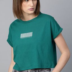 Roadster Women Green Boxy Fit Solid Round Neck Crop T-shirt-image-52
