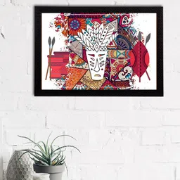 eCraftIndia White & Red Tribal Theme Satin Matt Textured UV Wall Art-picture-1