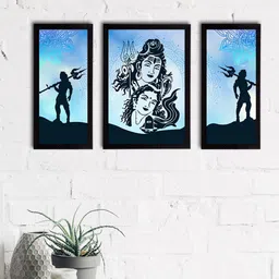 eCraftIndia Set of 3 Blue & Black Lord Shiva Satin Matt Textured UV Wall Paintings-8