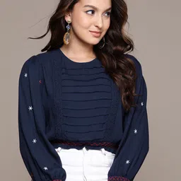 Label Ritu Kumar Floral Embroidered Puff Sleeve Crepe Blouson Crop Top-image-60