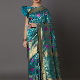 Mitera Turquoise Blue Silk Blend Woven Design Kanjeevaram Saree-image-34