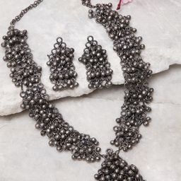 Moedbuille Silver-Plated Ghungroo Studded Antique Filigree Work Tribal Temple Design Oxidised Jewellery Set-0