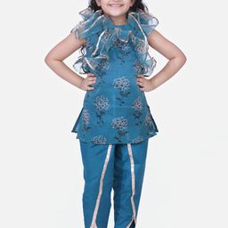 Fairies Forever Girls Teal Blue & Off White Printed Kurta with Dhoti Pants-image-58
