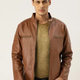 Leather Retail Men Brown Solid Lightweight Biker Jacket-image-41