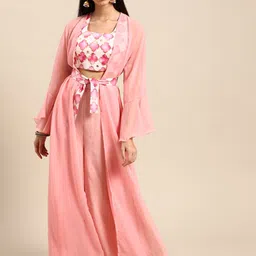 Shaily Women Pink & Off-White Printed Top with Palazzos & Shrug-4