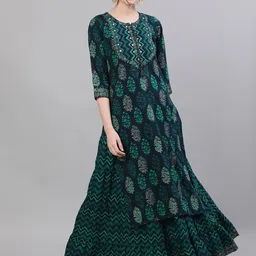 Ishin Women Navy Blue & Green Printed Kurta with Skirt-picture-14