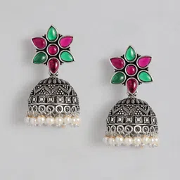 AITIHYA Silver-Plated Dome Shaped Beads & Stones Oxidised Jhumkas-33
