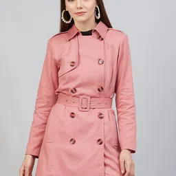 Marie Claire Women Pink Solid Double-Breasted Longline Trench Coat-image-0