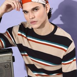 Mast & Harbour Men Beige & Navy Blue Striped Pullover-11