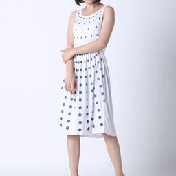 Huetrap Women White & Grey Polka Dot Print Fit and Flare Dress-image-19
