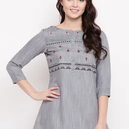 Kvsfab Women Grey & Black Embroidered A-Line Kurti-image-46