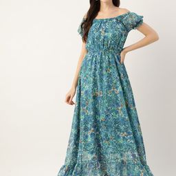 Deewa Blue Floral Off-Shoulder Georgette Maxi Dress-picture-34