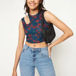 Uptownie Lite Women Navy Blue & Red Floral Print Stretchable Sleeveless Cut-Out Crop Top-image-63