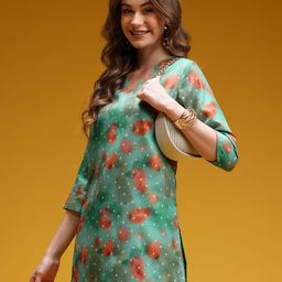 HERE&NOW Abstract Printed V-Neck Straight Kurti with Bandhani Detail-picture-14
