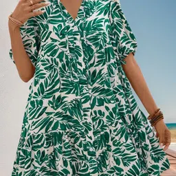 KPOP Tropical Print Puff Sleeve A-Line Dress-image-79
