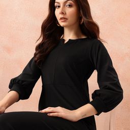 all about you Notched Round Neck Cuffed Sleeves Sheath Dress with Back Sllit-image-54