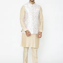 Manyavar Men Cream-Coloured & Green Floral Printed Nehru Jacket-image-90