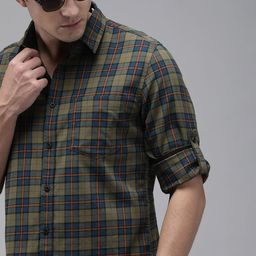 Roadster Men Navy Blue & Olive Green Regular Fit Checked Casual Sustainable Shirt-picture-45