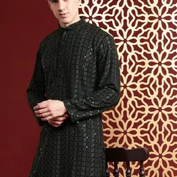 MANQ Men Embroidered Sequinned Pure Cotton Kurta with Trousers-picture-49