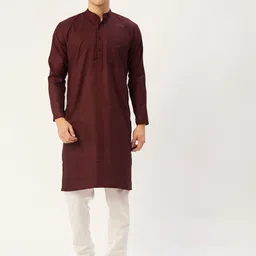 Jompers Men Maroon & Off-White Solid Pure Cotton Kurta with Churidar-19
