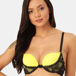 MAKCLAN Yellow & Black Solid Lightly Padded Underwired Lace Plunge Bra-K32010BE-picture-7