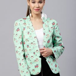 Pannkh Women Sea Green Printed Tailored Fit Front Open Casual Blazer-image-16