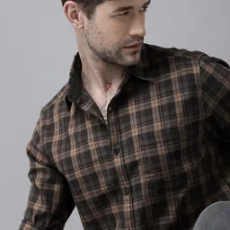 Roadster Men Black & Brown Opaque Checked Pure Cotton Sustainable Casual Shirt-image-50