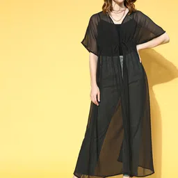 Berrylush Women Stylish Black Solid Sheer Shrug-45