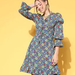 plusS Women Navy Blue Floral Fluid Tie-Up Dress-image-94