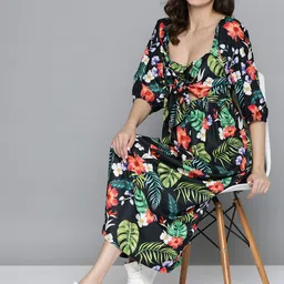 Mast & Harbour Floral Print Puff Sleeves Smocked Satin Midi Dress With Tie Up Detail-picture-40
