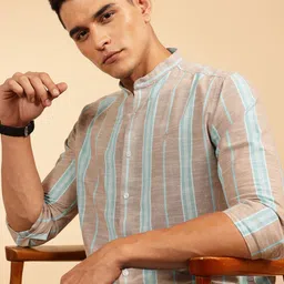 French Connection Men Smart Slim Fit Striped Mandarin Collar Pure Cotton Casual Shirt-image-23