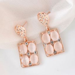 VOJ Rose Gold Plated Stainless Steel Stone Studded Rectangular Drop Earrings-14