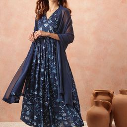 all about you Floral Print Flared Ethnic Dress With Dupatta-image-52