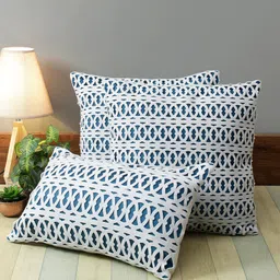 ROMEE Blue & White Set of 3 Geometric Rectangle Cushion Covers-39