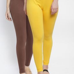 GRACIT Women Pack of 2 Yellow & Coffee Brown Solid Ankle-Length Leggings-image-51