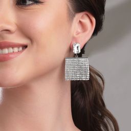 Rubans Silver-Plated Glamorous AD & Cubic Zirconia Studded Multilayered Drop Earrings-70