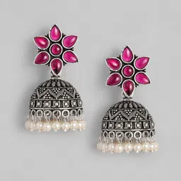 AITIHYA Silver-Plated Dome Shaped Beads & Stones Oxidised Jhumkasgs-image-75