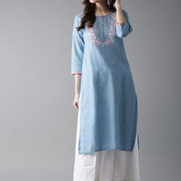 Moda Rapido Women Blue Embroidered Detail Straight Kurta-picture-27