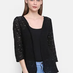 Rute Women Black Self Design Open Front Shrug-10