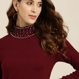 all about you Women Maroon Jewel High Neck Solid Pullover-image-89