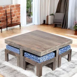 Ikiriya Grey Wooden Antique Grey Finish Square Coffee Table With Stool and Cushions-19