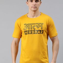 BRATMA Men Mustard Yellow Printed Round Neck T-shirt-image-42