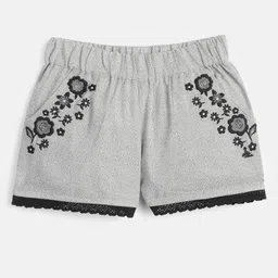 Cherry Crumble Girls Grey & Black Floral Embroidered Lace Detail Cotton Regular Fit Shorts-image-43