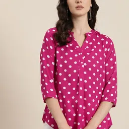 Qurvii Polka Dot Print Mandarin Collar Top-picture-31