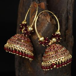 ANIKAS CREATION Maroon & Gold-Plated Enamelled Dome Shaped Jhumkas-image-63