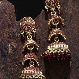 ANIKAS CREATIOn Gold Plated & Maroon Enamelled Circular Shaped Jhumkas-image-16
