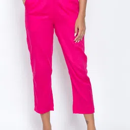 Be Indi Women Fuchsia Pink Straight Fit Solid Cigarette Trousers-picture-3