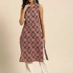 anayna Women Ethnic Motifs Printed Kantha Work Dobby Kurta-14