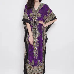 Clovia Women Purple & White Floral Printed Long Kaftan Style Nightdress NS0865P15M/L-image-58
