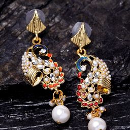 ANIKAS CREATION Gold-Plated & Blue Peacock Shaped Drop Earrings-44